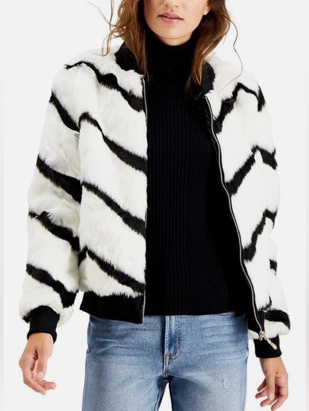 Faux Fur Bomber Jacket | White & Black